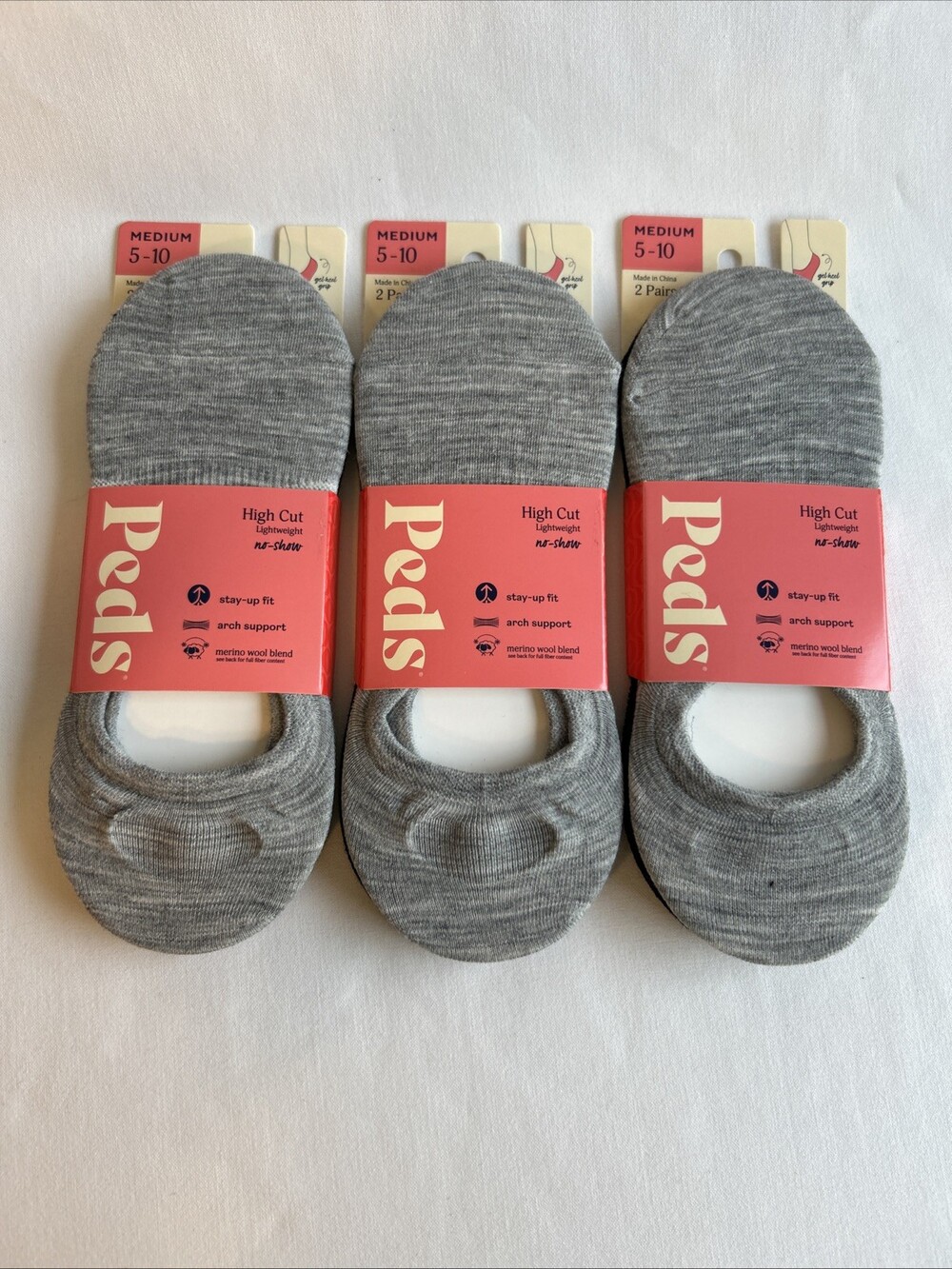 6 Pairs Peds Socks Womens 5-10 Grey Black No Show Gel Tab High Cut Lightweight